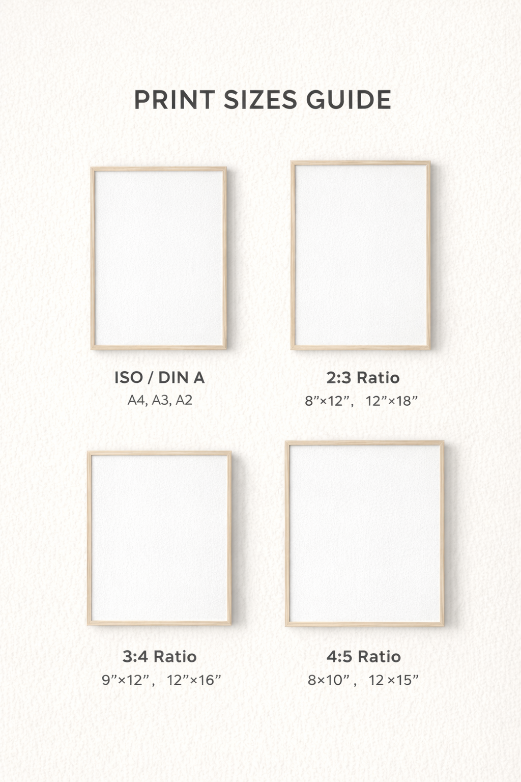 Print sizes guide in vertical layout showing ISO/DIN A sizes A4, A3, A2, plus 2:3 ratio with 8x12 and 12x18 inches, 3:4 ratio with 9x12 and 12x16 inches, and 4:5 ratio with 8x10 and 12x15 inches.