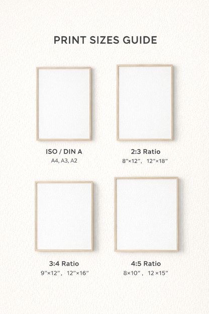 Print sizes guide in vertical layout showing ISO/DIN A sizes A4, A3, A2, plus 2:3 ratio with 8x12 and 12x18 inches, 3:4 ratio with 9x12 and 12x16 inches, and 4:5 ratio with 8x10 and 12x15 inches.