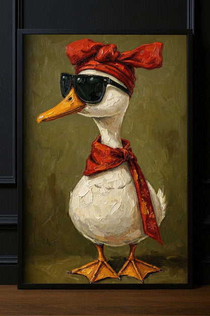 Kunstdruck mit weißer Ente, schwarzer Sonnenbrille, rotem Kopftuch und Schal in malerischer Optik auf olivgrünem Hintergrund.