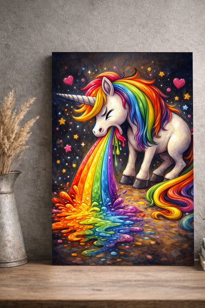 Digitales Einhorn-Wandbild mit bunter Regenbogenmähne, leuchtendem Regenbogenmotiv und Sternenhimmel, passend für Gaming-Zimmer oder kreative Räume.