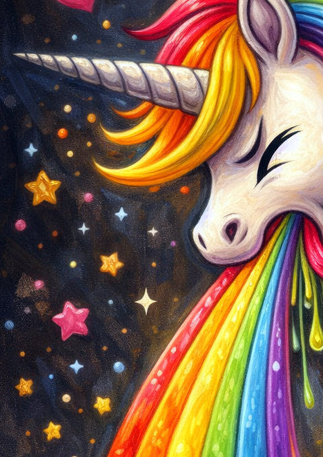 Digitales Einhorn-Wandbild mit bunter Regenbogenmähne, leuchtendem Regenbogenmotiv und Sternenhimmel, passend für Gaming-Zimmer oder kreative Räume.