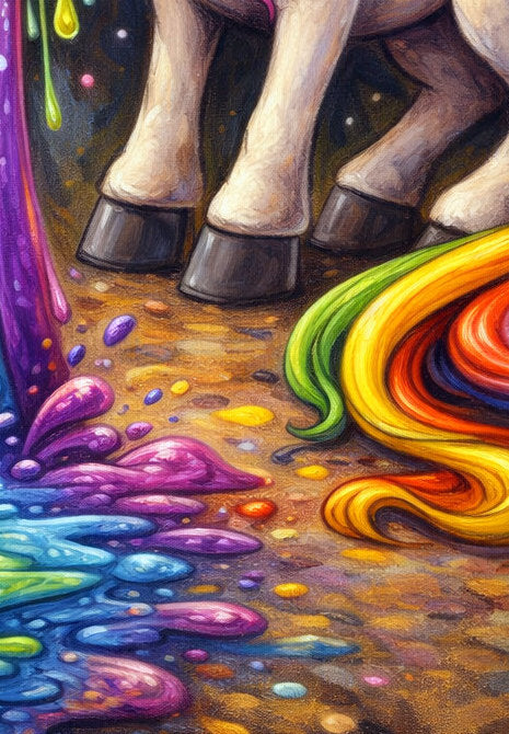 Digitales Einhorn-Wandbild mit bunter Regenbogenmähne, leuchtendem Regenbogenmotiv und Sternenhimmel, passend für Gaming-Zimmer oder kreative Räume.