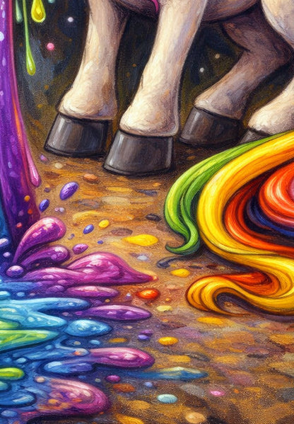 Digitales Einhorn-Wandbild mit bunter Regenbogenmähne, leuchtendem Regenbogenmotiv und Sternenhimmel, passend für Gaming-Zimmer oder kreative Räume.