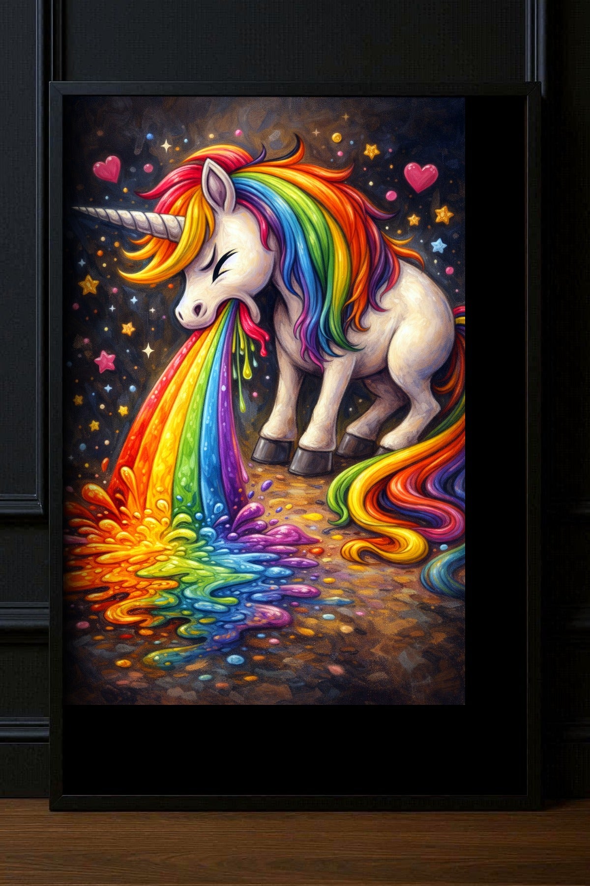 Humorvolles Einhorn Poster mit weißem Einhorn, leuchtender Regenbogenmähne, buntem Farbschwall, Sternen und Herzen vor schwarzem Hintergrund.
