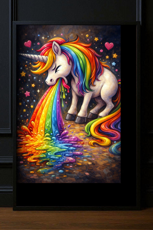 Humorvolles Einhorn Poster mit weißem Einhorn, leuchtender Regenbogenmähne, buntem Farbschwall, Sternen und Herzen vor schwarzem Hintergrund.