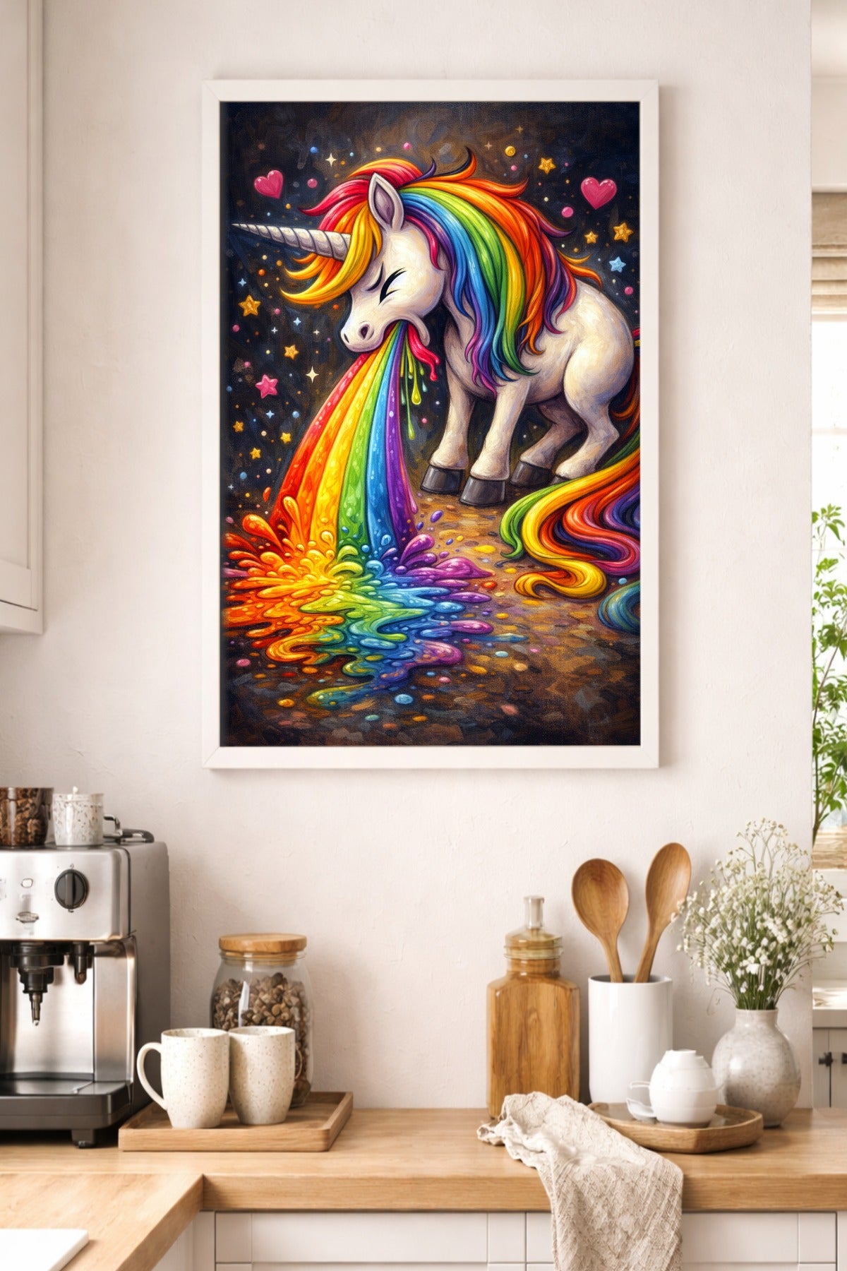 Digitales Einhorn-Wandbild mit bunter Regenbogenmähne, leuchtendem Regenbogenmotiv und Sternenhimmel, passend für Gaming-Zimmer oder kreative Räume.