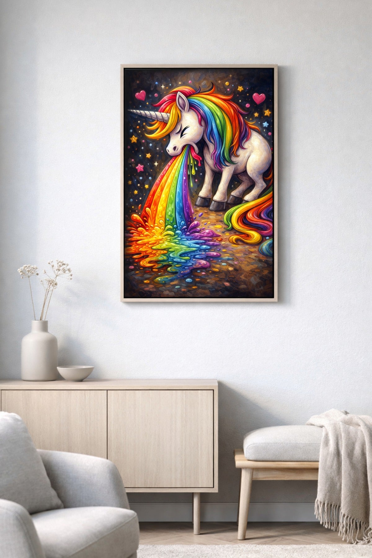 Digitales Einhorn-Wandbild mit bunter Regenbogenmähne, leuchtendem Regenbogenmotiv und Sternenhimmel, passend für Gaming-Zimmer oder kreative Räume.