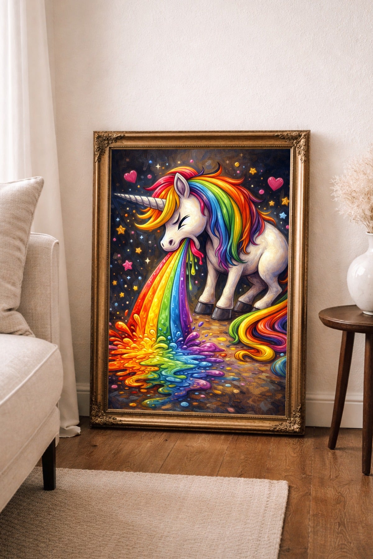 Weißes Einhorn mit farbenfroher Regenbogenmähne auf schwarzem Hintergrund, das einen bunten Regenbogen ausspuckt, umgeben von Sternen und Herzen.