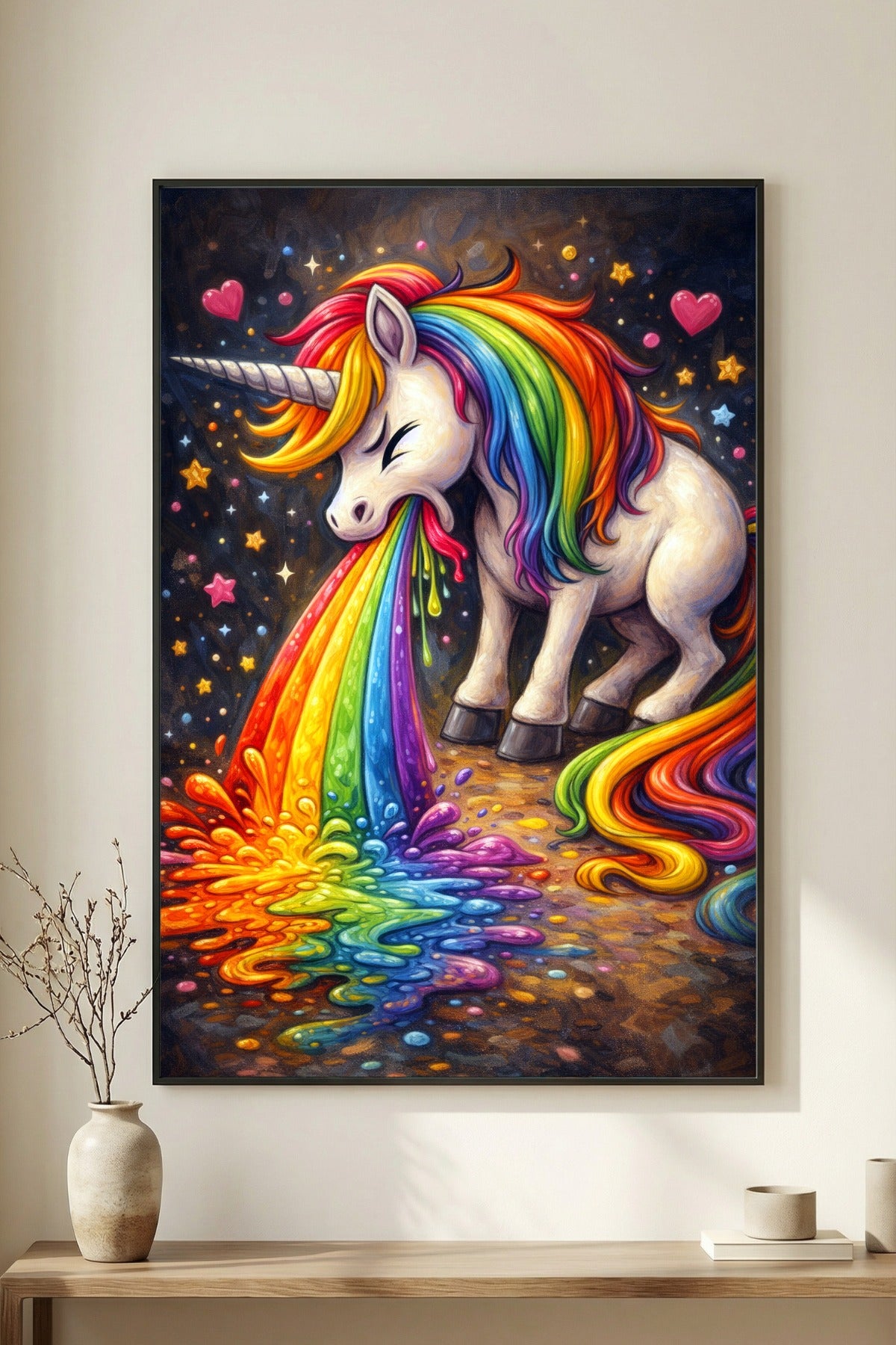 Digitales Einhorn-Wandbild mit bunter Regenbogenmähne, leuchtendem Regenbogenmotiv und Sternenhimmel, passend für Gaming-Zimmer oder kreative Räume.