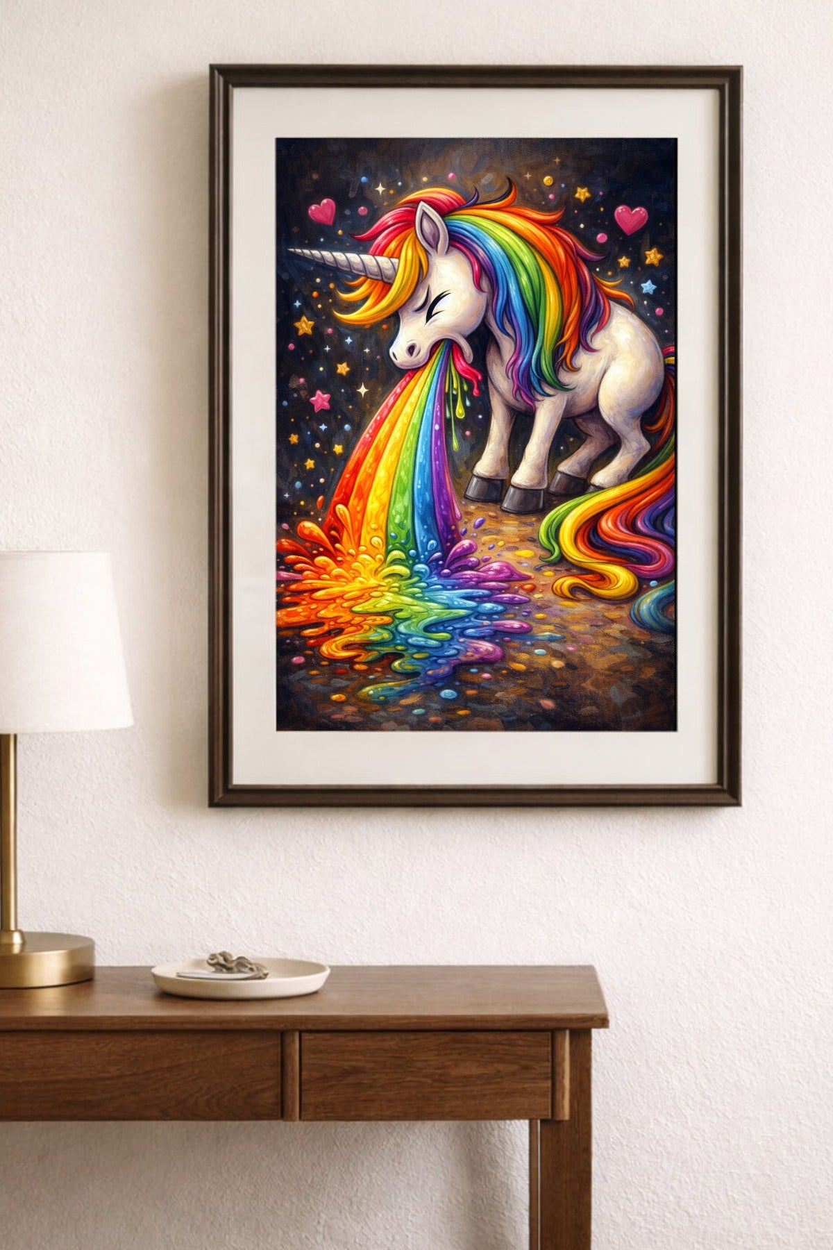 Fantasy Wandbild mit weißem Einhorn, bunter Rainbow-Mähne, ausgespucktem Regenbogen sowie schwebenden Sternen und Herzen auf dunklem Hintergrund.