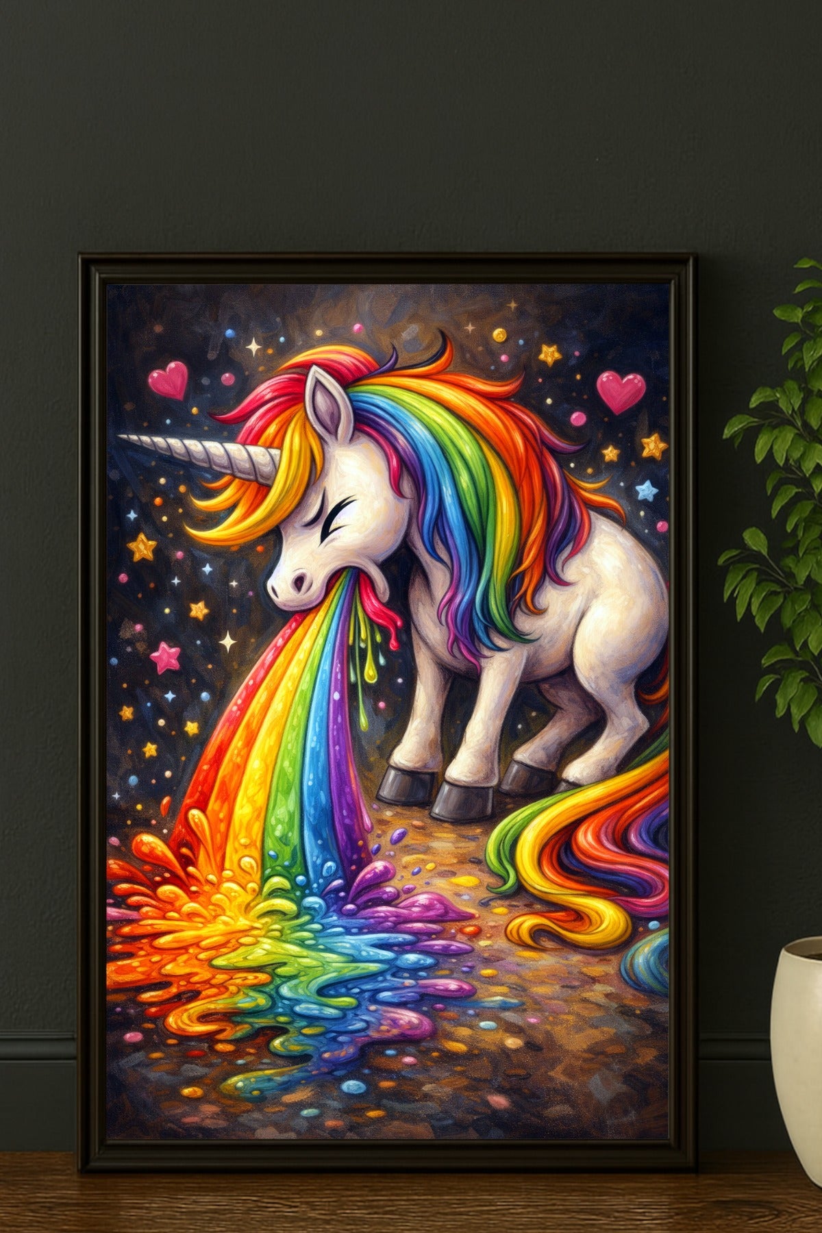 Digitales Einhorn-Wandbild mit bunter Regenbogenmähne, leuchtendem Regenbogenmotiv und Sternenhimmel, passend für Gaming-Zimmer oder kreative Räume.