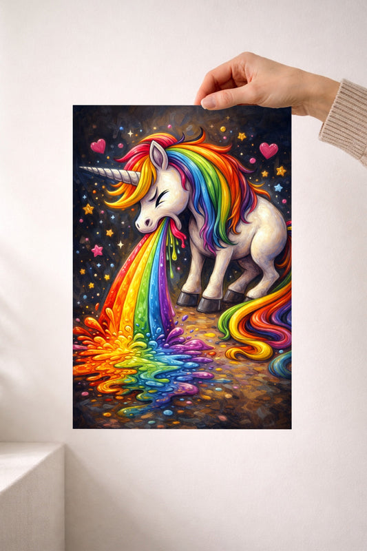 Lustiges Fantasy Poster mit weißem Einhorn, Regenbogenmähne, buntem Regenbogen, Sternen und Herzen vor dunklem Hintergrund.