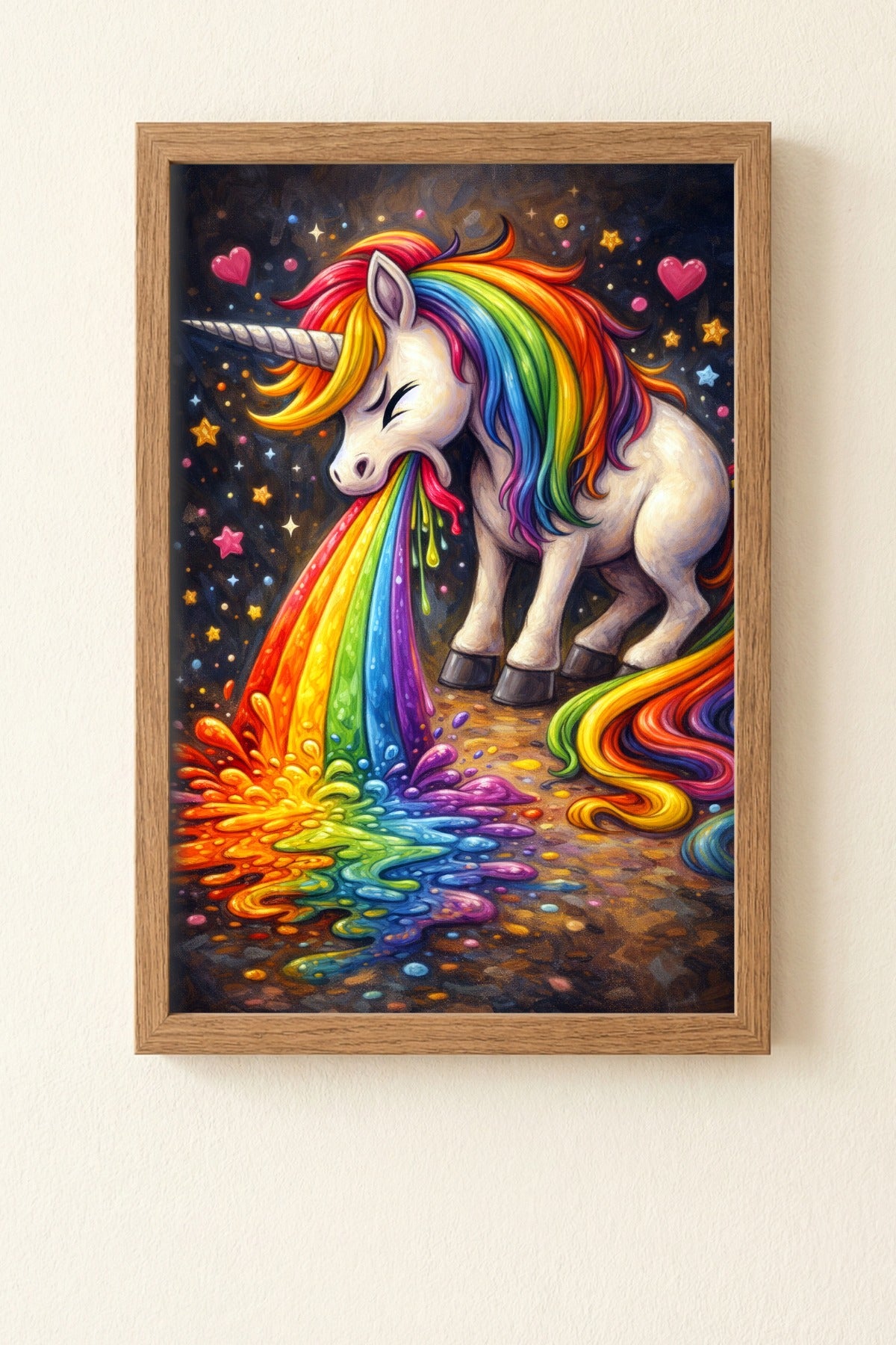 Digitales Einhorn-Wandbild mit bunter Regenbogenmähne, leuchtendem Regenbogenmotiv und Sternenhimmel, passend für Gaming-Zimmer oder kreative Räume.