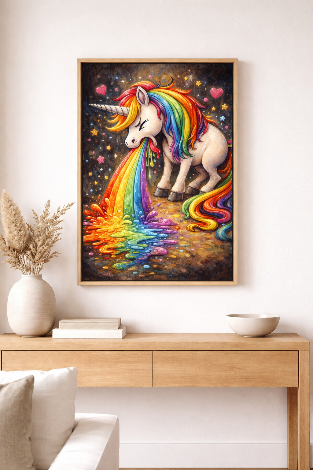 Digitales Einhorn-Wandbild mit bunter Regenbogenmähne, leuchtendem Regenbogenmotiv und Sternenhimmel, passend für Gaming-Zimmer oder kreative Räume.