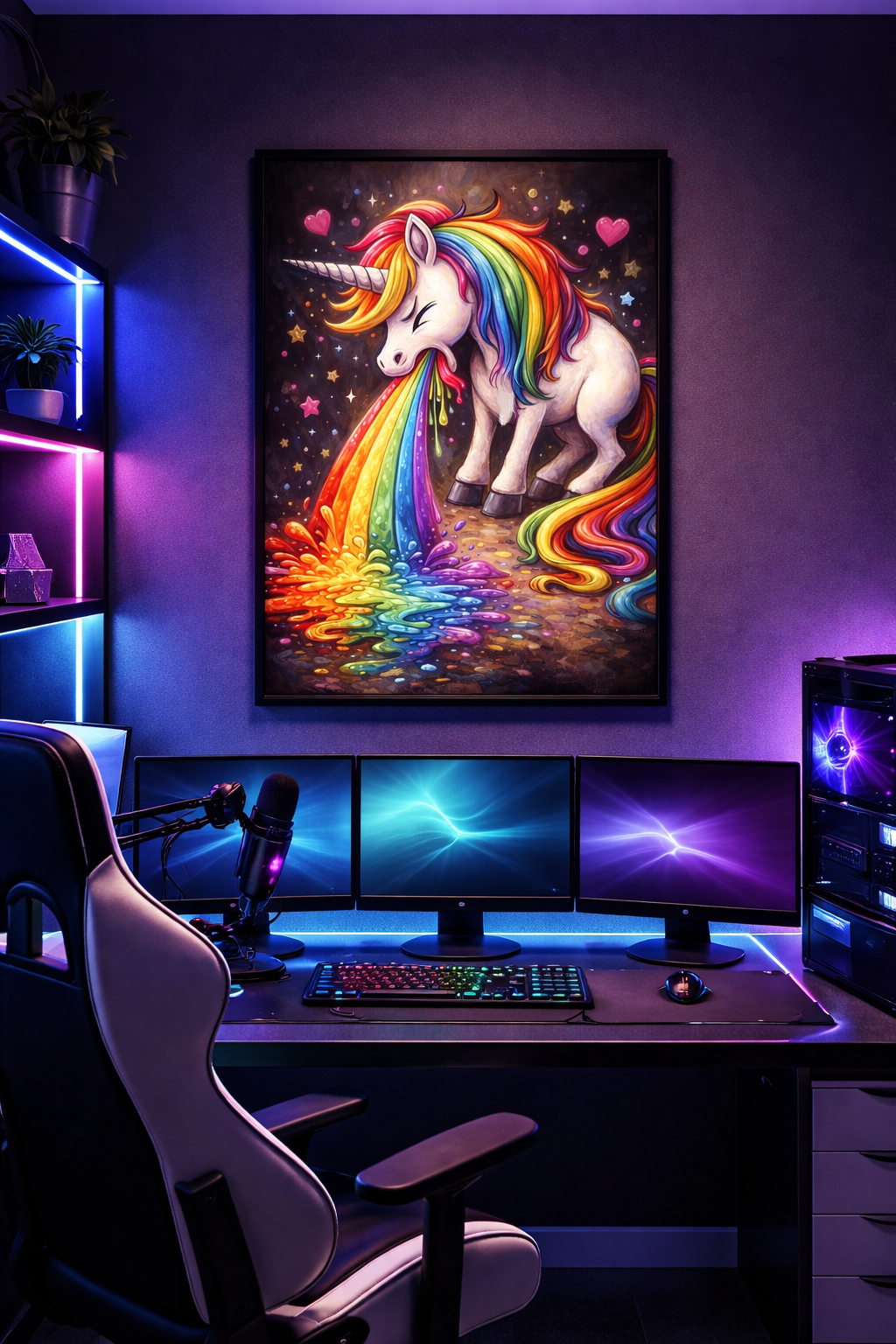 Digitales Einhorn-Wandbild mit bunter Regenbogenmähne, leuchtendem Regenbogenmotiv und Sternenhimmel, passend für Gaming-Zimmer oder kreative Räume.