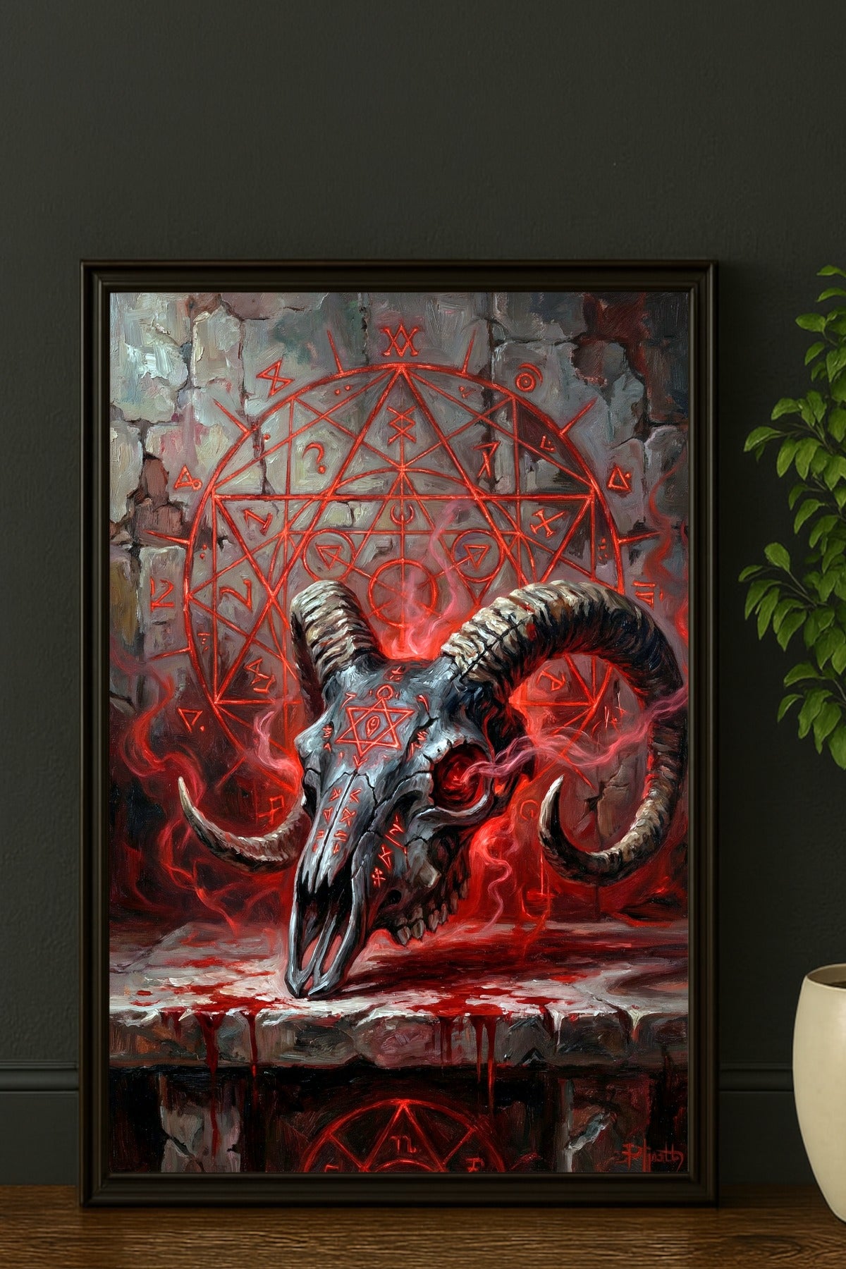Digitales Heavy Metal Art Poster mit Ram Skull, roten Sacred-Geometry-Symbolen, Rauch und dunkler Steinstruktur.