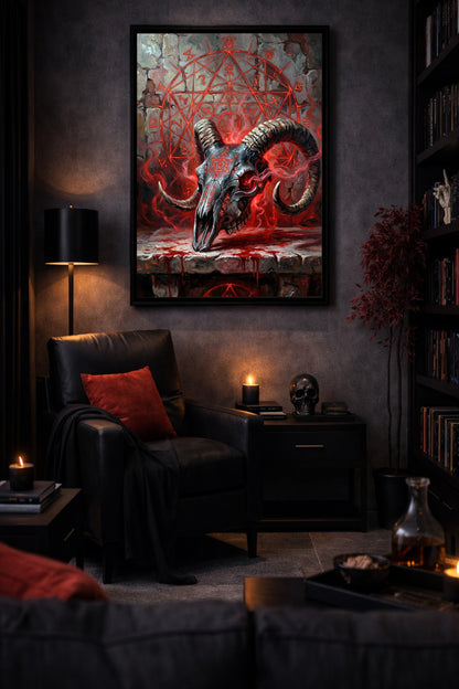 Ram Skull Poster als Digitaldownload mit roten Sacred-Geometry-Symbolen, dunklem Rauch, rissiger Wand und okkulter Heavy-Metal-Atmosphäre.