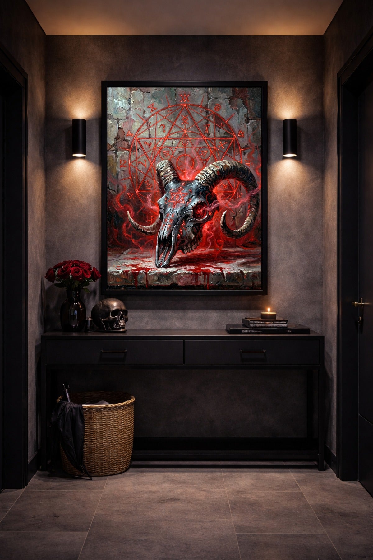 Digitales Heavy Metal Art Poster mit Ram Skull, roter Sacred Geometry, aufsteigendem Rauch und rauer dunkler Steinstruktur.