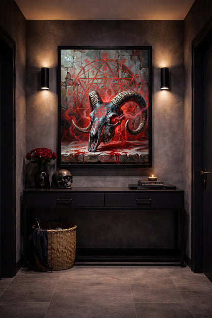 Digitales Heavy Metal Art Poster mit Ram Skull, roter Sacred Geometry, aufsteigendem Rauch und rauer dunkler Steinstruktur.