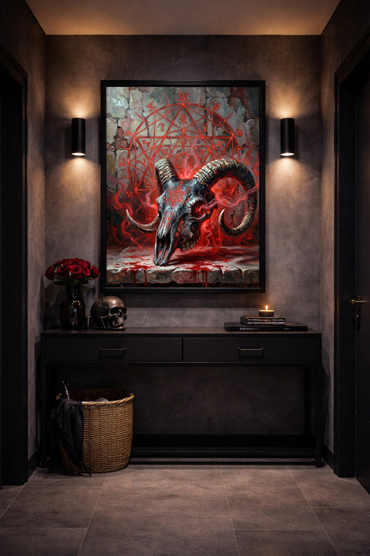 Digitales Heavy Metal Art Poster mit Ram Skull, roter Sacred Geometry, aufsteigendem Rauch und rauer dunkler Steinstruktur.