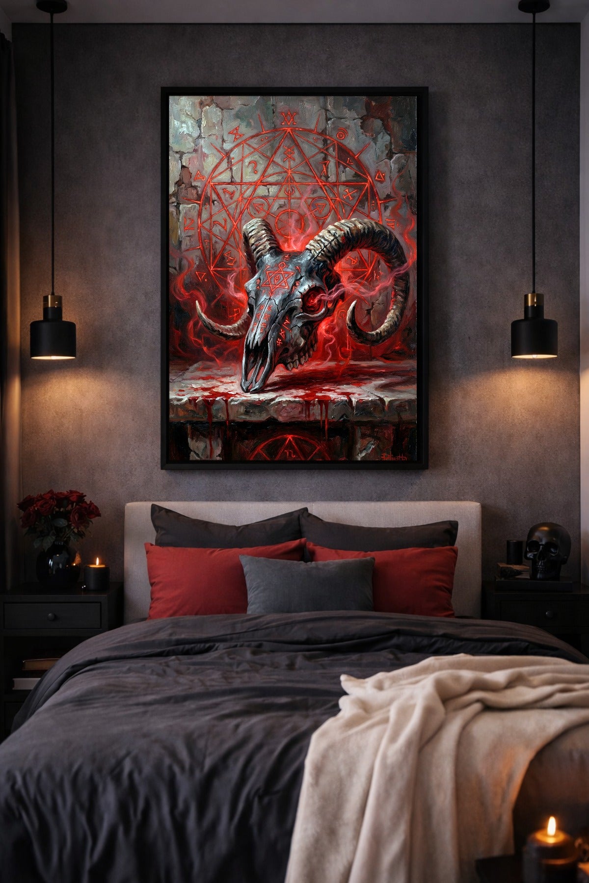 Digitales Heavy Metal Poster mit Widder-Schädel auf Steinfläche, rotem Rituallicht, Rauch und geometrischen Symbolen im Hintergrund.