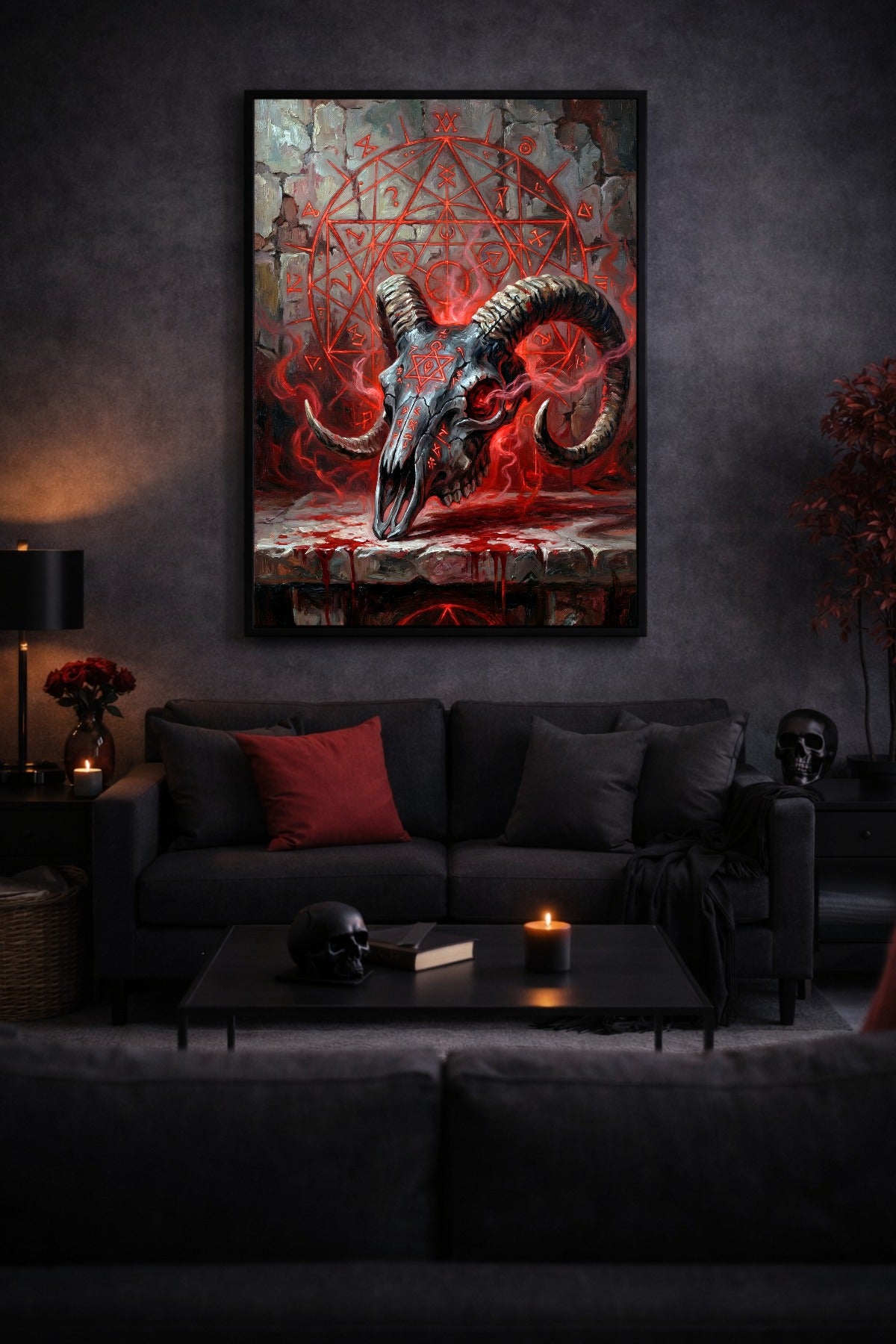 Dark Fantasy Wandbild mit Ram Skull, roten Symbolen, Sacred Geometry, dunkler Steinstruktur und rauer ölgemäldeartiger Wirkung.