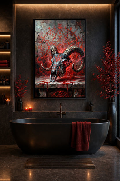 Digitales Occult Decor Poster mit Widder-Schädel, leuchtend roten Geometriezeichen, Rauchschwaden und düsterer Steinoptik.