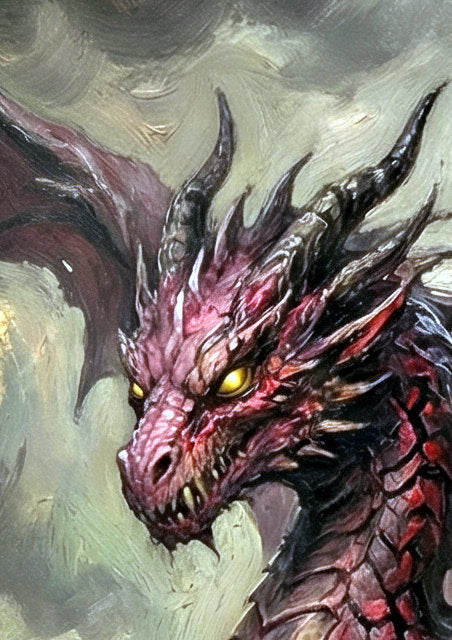 Detailsansicht. Roter Drache auf bemoostem Ast in einem düsteren Wald, dargestellt im Gothic-Fantasy-Stil mit dunkler Farbpalette und verwelkten Blüten.