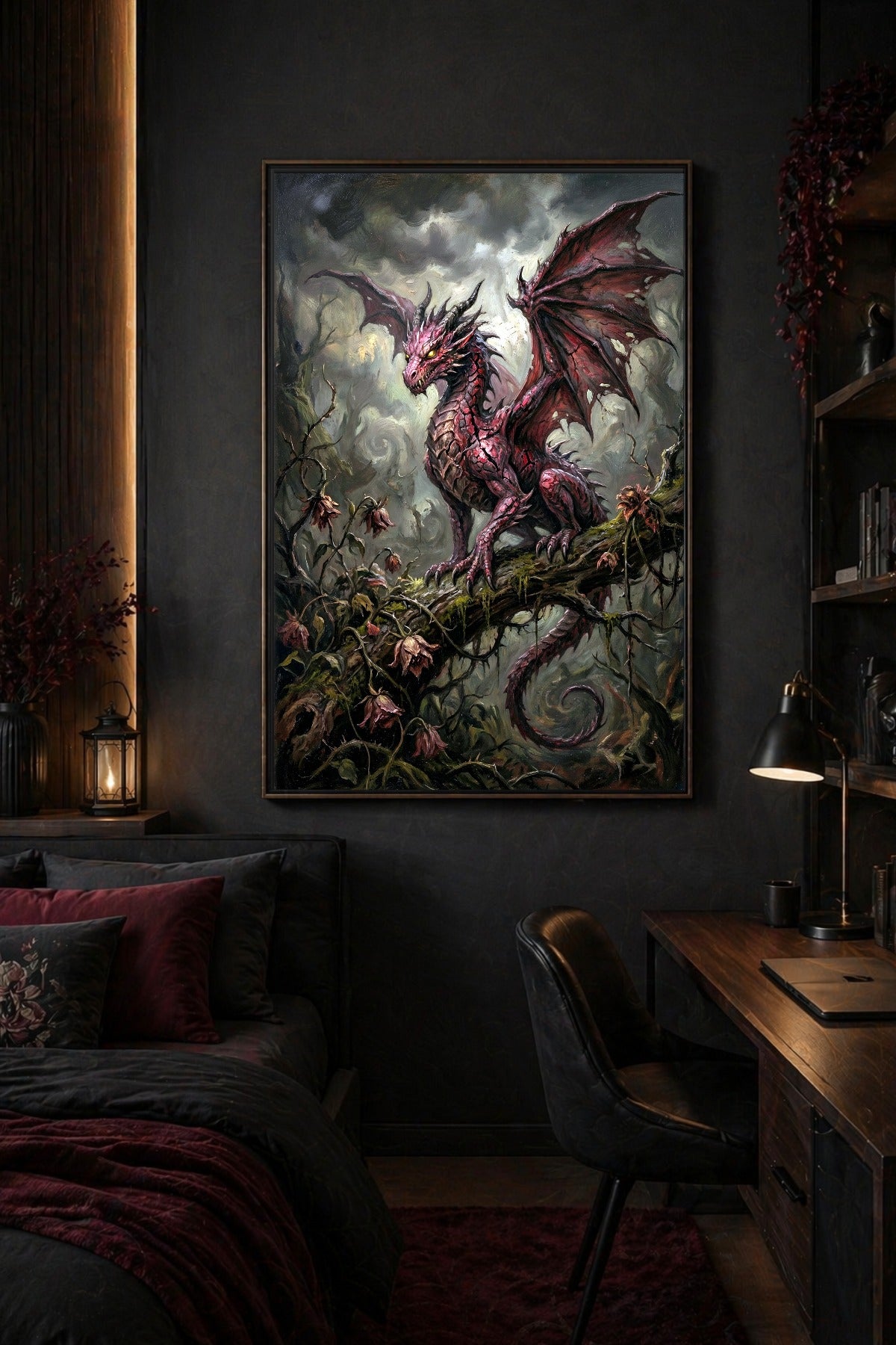 Düsteres Drachenbild mit rotem Drachen auf einem moosbewachsenen Ast im Wald, gestaltet in dunklen Farben und Gothic-Fantasy-Optik.