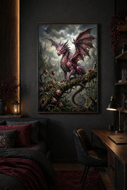 Düsteres Drachenbild mit rotem Drachen auf einem moosbewachsenen Ast im Wald, gestaltet in dunklen Farben und Gothic-Fantasy-Optik.