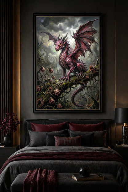 Gothic-Fantasy-Wandbild mit rotem Drachen, bemoostem Ast, düsterem Wald und verwelkten Blüten in dramatischer Farbgebung.