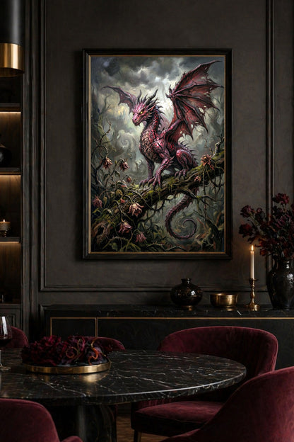 Roter Drache im Gothic-Fantasy-Stil auf einem moosigen Ast, eingebettet in eine düstere Waldszene mit dunklen Farben und welken Blüten.