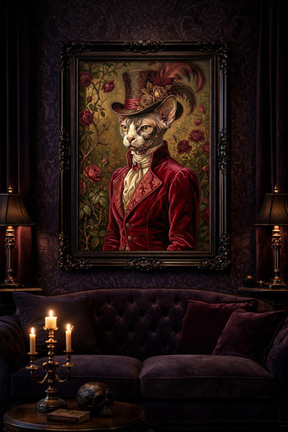 Vintage Katzenporträt einer Sphynx mit viktorianischer Kleidung, bordeauxrotem Jackett, Zylinder mit Federn und Rosen vor dunkler Gartenkulisse. Das Bild ist in einem victorianischen Rahmen gerahmt.