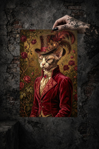 tilvolles Sphynx Katzen-Wandbild im viktorianischen Stil mit bordeauxfarbenem Samt, Zylinder, Rosen und geheimnisvollem Rosengarten. Poster in A4 Größe.