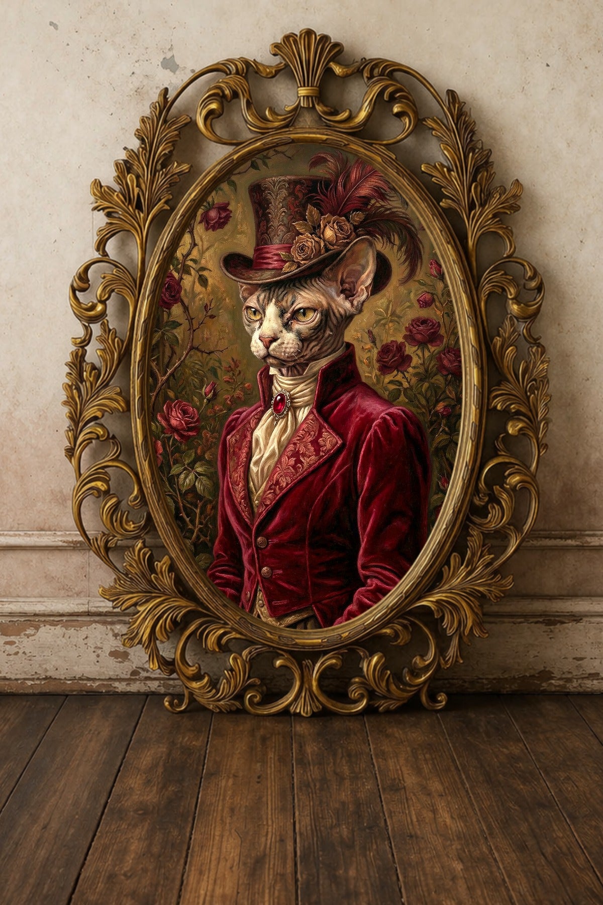 Dekoratives Sphynx Porträt im Vintage-Look mit Samtjackett, Rosen, Federzylinder und düster-romantischem Rosengarten im Hintergrund. Gerahmt in einem goldenen, verschnörkelten Rahmen. Oval dargestellt.
