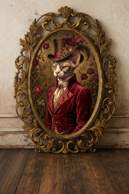Dekoratives Sphynx Porträt im Vintage-Look mit Samtjackett, Rosen, Federzylinder und düster-romantischem Rosengarten im Hintergrund. Gerahmt in einem goldenen, verschnörkelten Rahmen. Oval dargestellt.