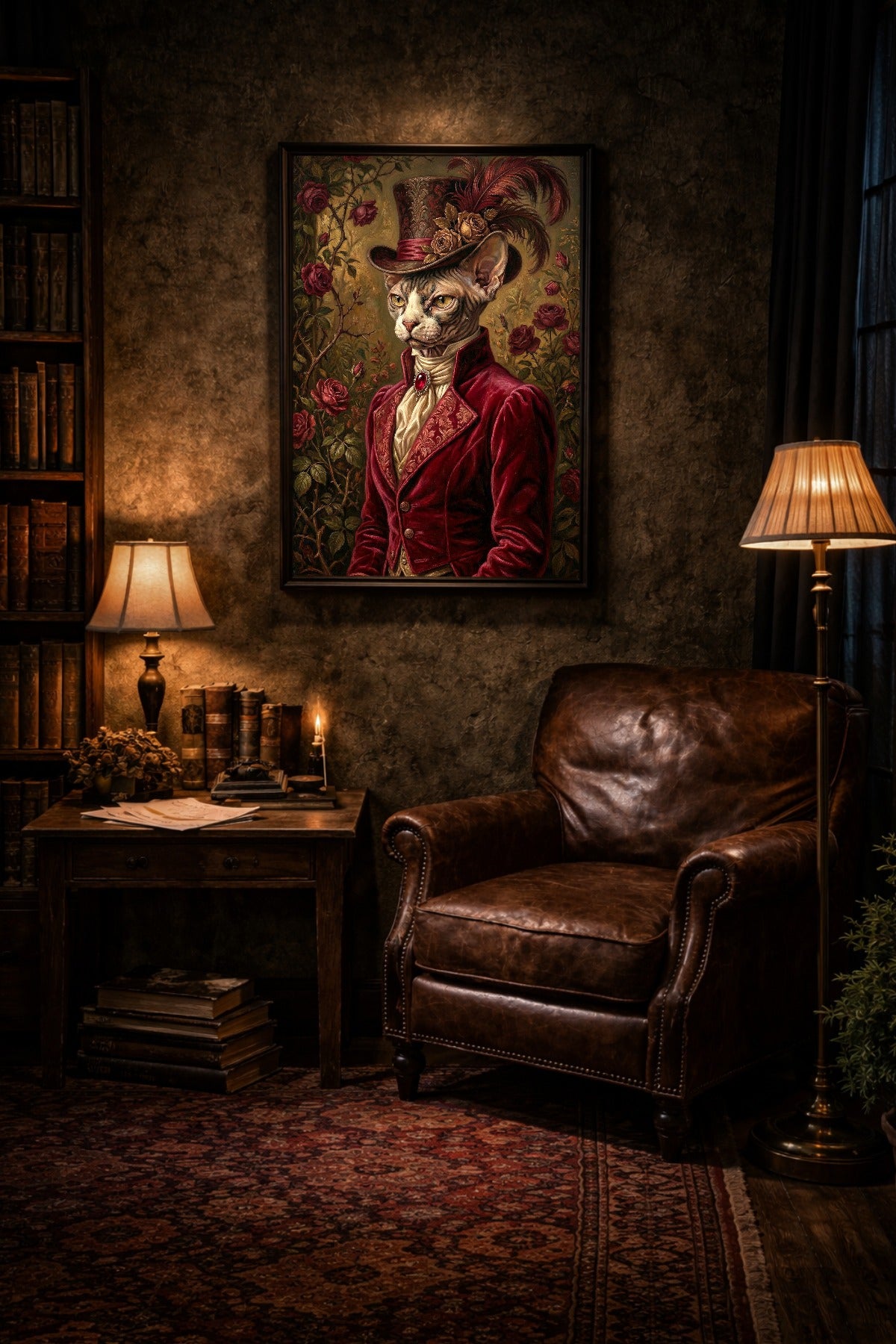Viktorianische Sphynx Katze mit bordeauxrotem Jackett, Zylinder, Federn und Rosen vor einem dunklen, mystischen Rosengarten. Das Bild befindet sich in einem schlichten Holzrahmen an einer Vintage-Wand in einem geschmackvoll eingerichteten Lesezimmer.
