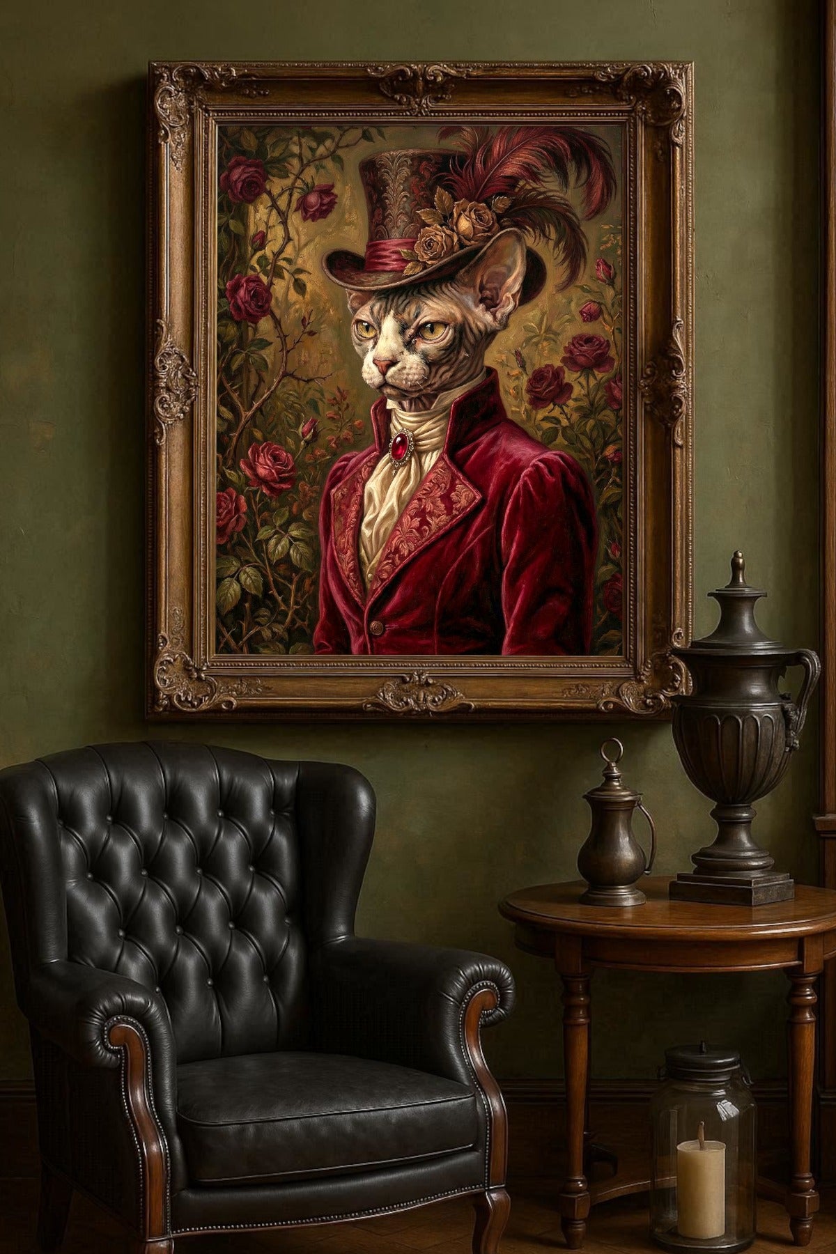 Edles Tierporträt einer Sphynx Katze im viktorianischen Vintage-Stil mit Samtjackett, Rosen und Zylinder mit Federschmuck. Gerahmt in einem victorianischen Holzrahmen mit schönem dunklen Ledersessel darunter.
