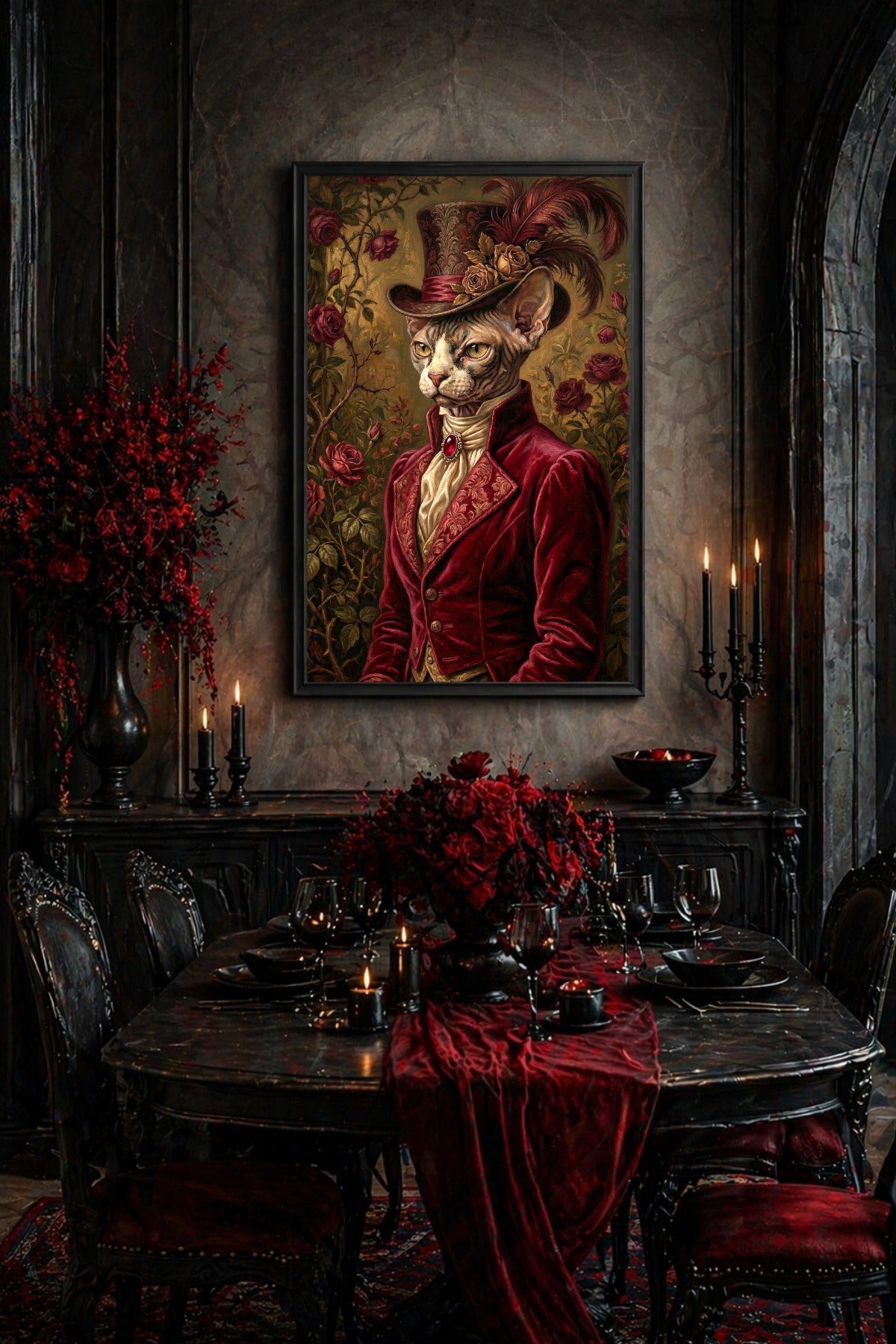 Gedrucktes Wandbild mit Sphynx-Katze im roten Samtfrack, verziertem Zylinder und dunklen Rosen in einer stilvollen, dramatisch-eleganten Farbgebung. Esszimmer Wandbild