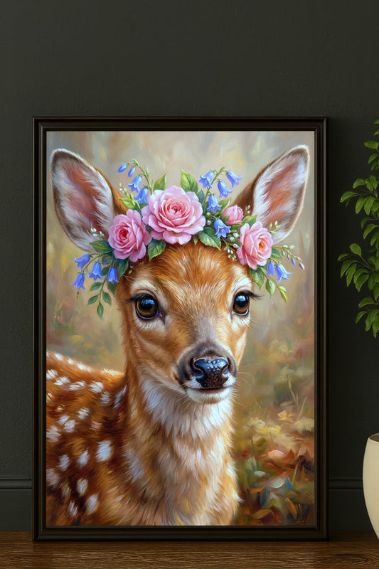 Digitales Rehkitz-Portrait mit Blumenkranz aus rosa Rosen und blauen Blüten vor weichem Naturhintergrund.
