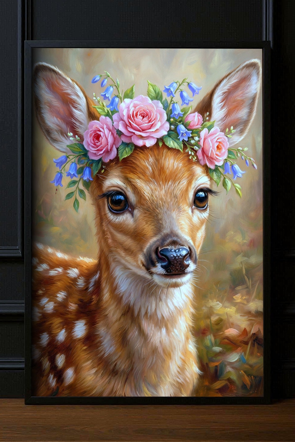 Gerahmtes Rehkitz Poster mit rosa Rosen und blauen Blumen als süßes Tiermotiv vor dunklem Hintergrund