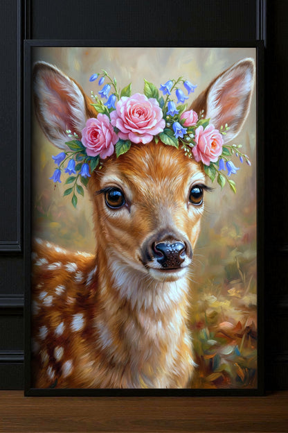 Gerahmtes Rehkitz Poster mit rosa Rosen und blauen Blumen als süßes Tiermotiv vor dunklem Hintergrund