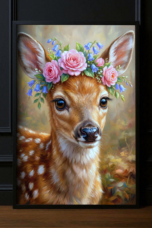 Gerahmtes Rehkitz Poster mit rosa Rosen und blauen Blumen als süßes Tiermotiv vor dunklem Hintergrund