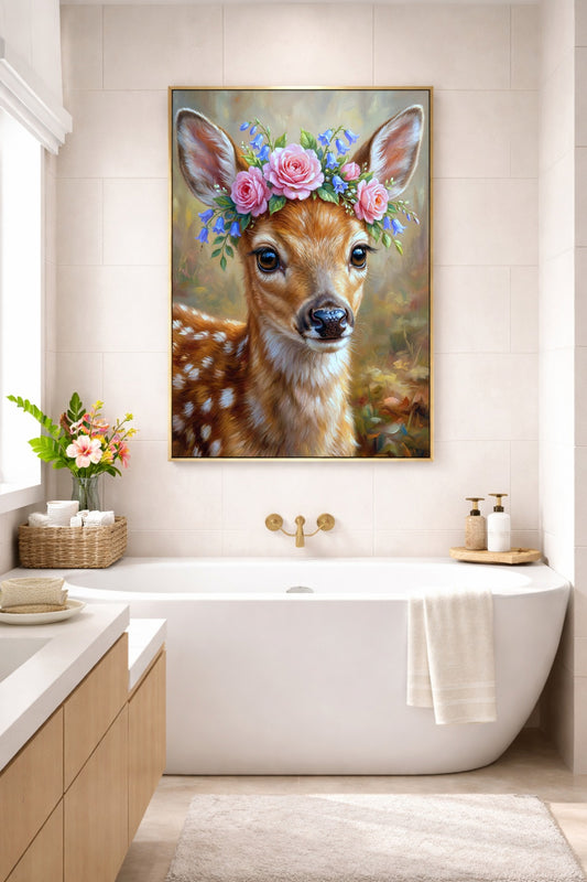 Rehkitz Poster mit Blumenkranz als digitale Wandkunst über Badewanne im hellen Badezimmer