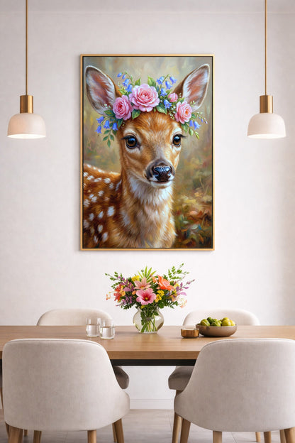 Zartes Rehkitz-Portrait als digitales Kunstmotiv mit rosa Blumenkranz und weichem Hintergrund in warmen Naturfarben. In einem Esszimmer.