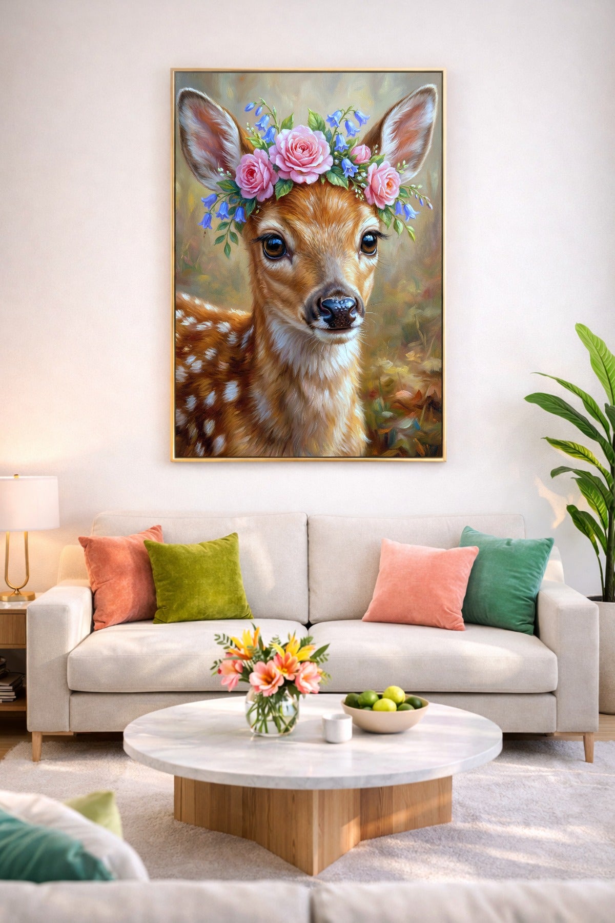 Rehkitz Poster mit Blumenkranz als freundliche Wanddeko über hellem Sofa im Wohnzimmer