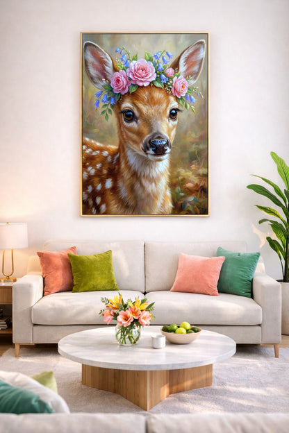 Rehkitz Poster mit Blumenkranz als freundliche Wanddeko über hellem Sofa im Wohnzimmer