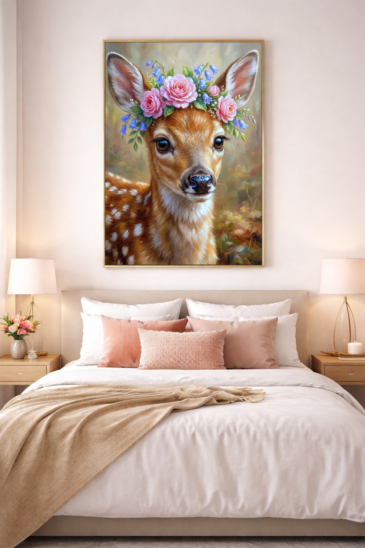 Digitales Poster mit Rehkitz und Blumenkranz als sanfte Wandkunst über Bett im hellen Schlafzimmer