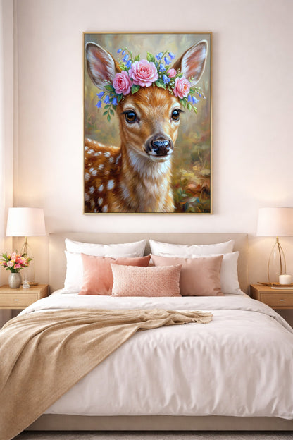 Digitales Poster mit Rehkitz und Blumenkranz als sanfte Wandkunst über Bett im hellen Schlafzimmer