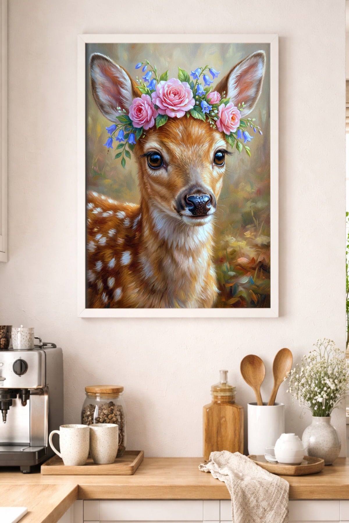 Florales Rehkitz-Portrait als digitales Wandbild mit rosa Rosen, blauen Blüten und ruhigem Naturhintergrund. In einer Küche.